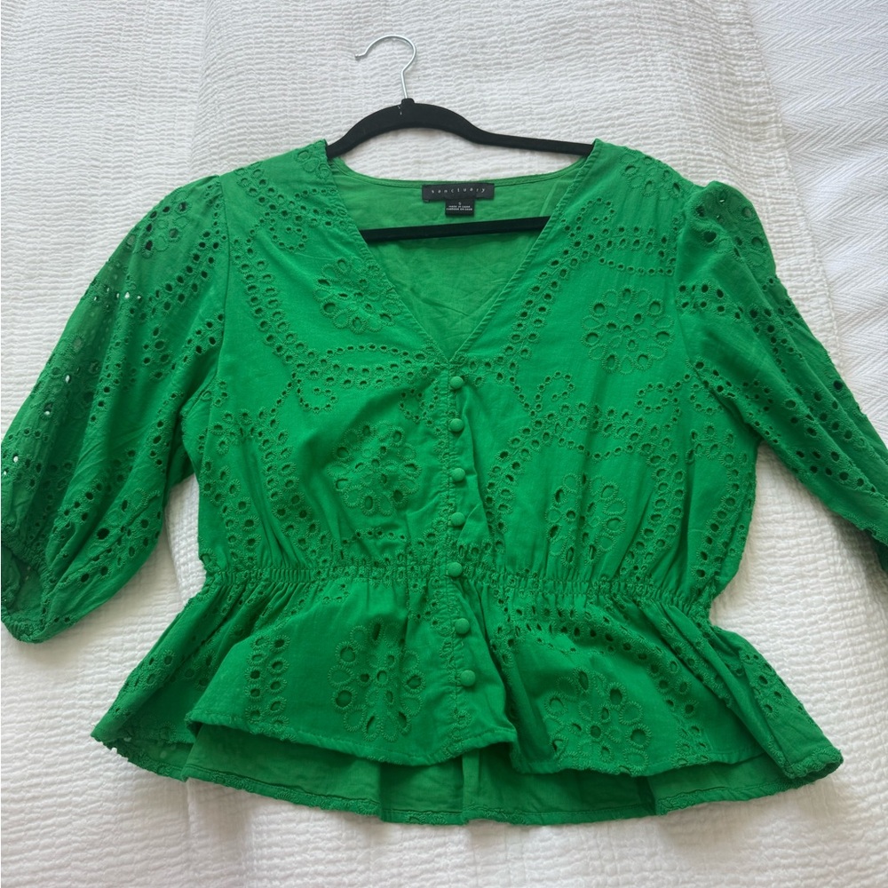 Sanctuary Green Peplum Buttoned Blouse 3/4 Sleeve